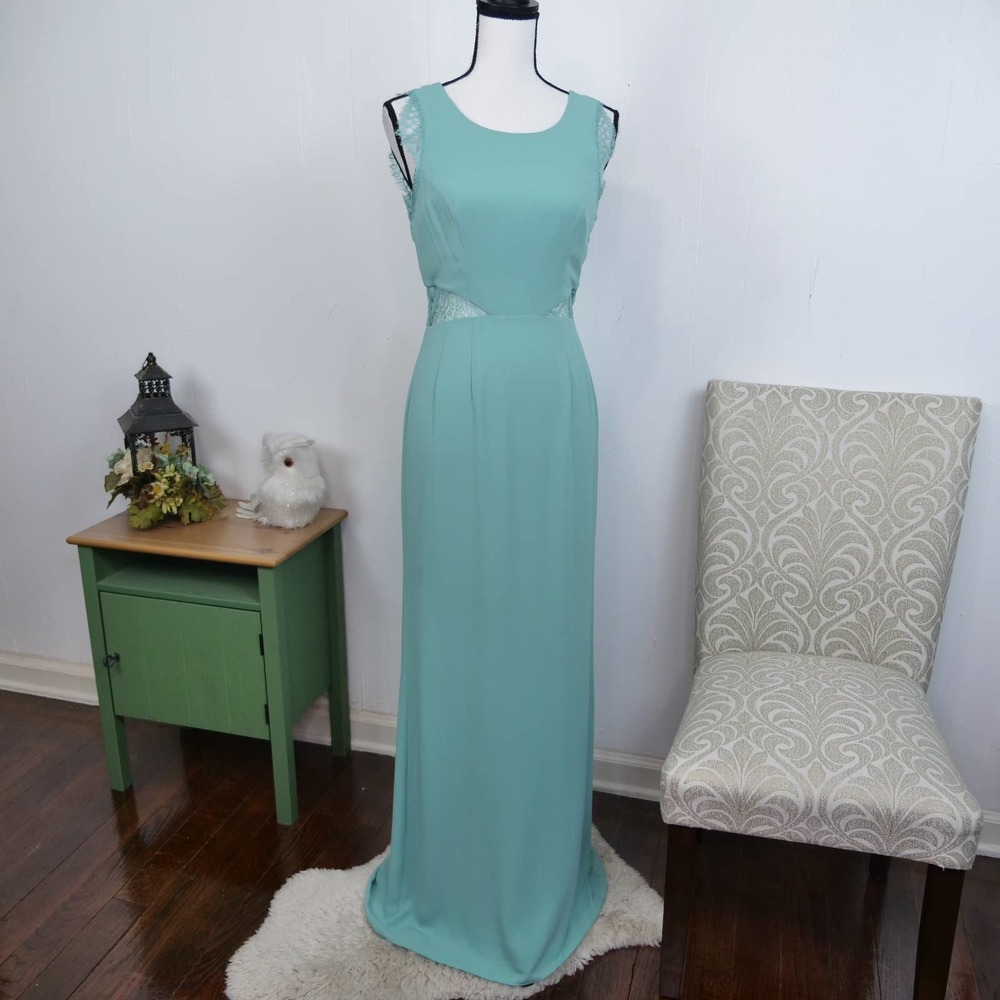 71. BCBGMAXAZRIA Mint Karey Maxi Dress Sz 4 Aqua Cut Out Open Lace Back BCBG - Picture 8 of 8
